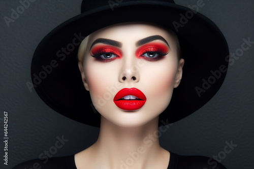 Beautiful woman in a black broad-brim hat with red lips
