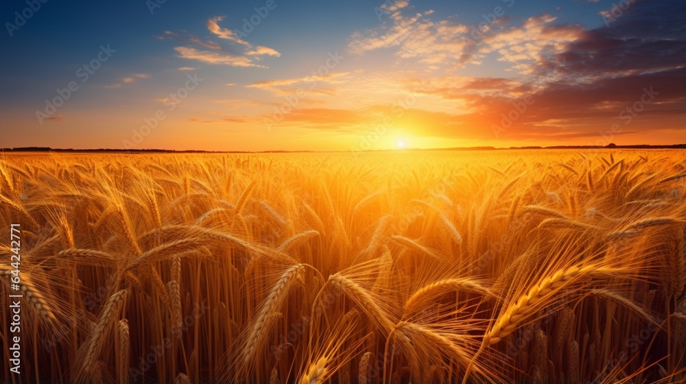 an image of a serene golden wheat field at sunset with the sun's warm glow casting long shadows 