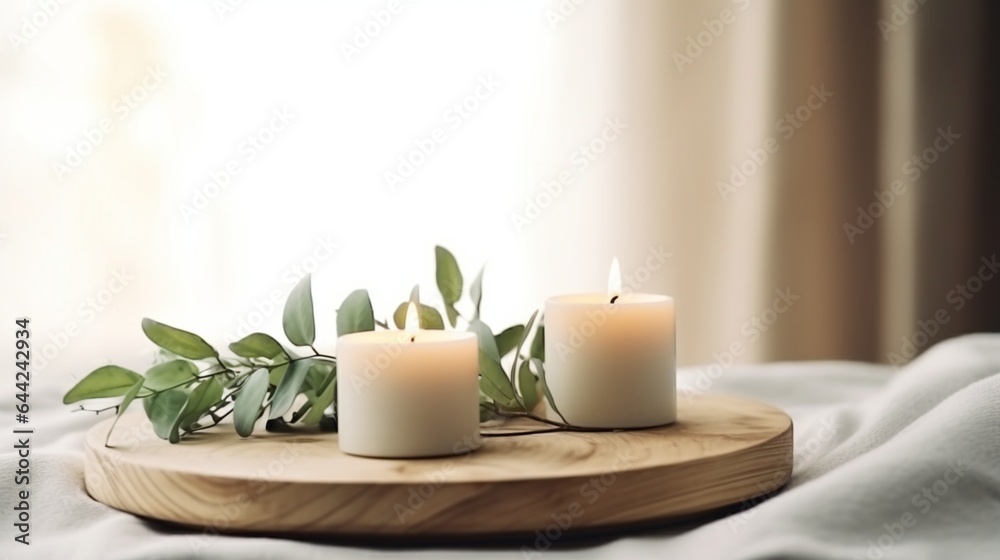 Beautiful burning candles and eucalyptus branches on wooden tray in room space for text 
