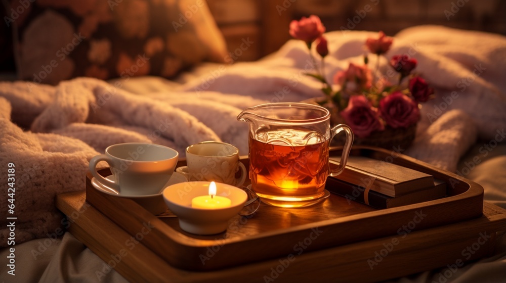Cup of tea with burning candle on wooden tray on bed in bedroom in evening 