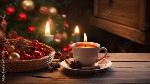 Cup of coffee with burning candles and christmas decorations at home 