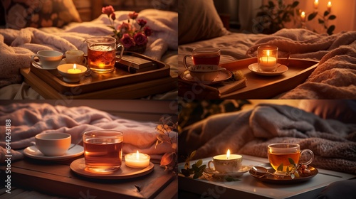 Cup of tea with burning candle on wooden tray on bed in bedroom in evening