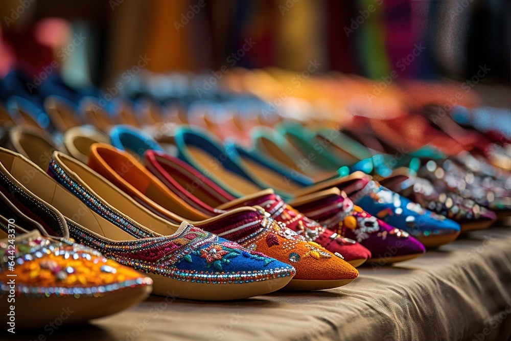Close-up image of unrecognisable market vendor selling footwear, ethnic, multicoloured embroidered shoes displayed in rows on floor, elevated view