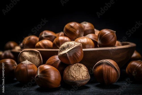 A close-up of hazelnuts in shells against a dark background. Generative AI