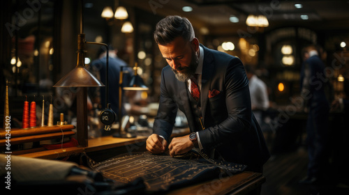 Generative AI  a tailor in an expensive suit sews a jacket to order for a client  an elite sewing workshop  a luxury clothing store  a businessman at work  a man takes measurements  fabric  salon