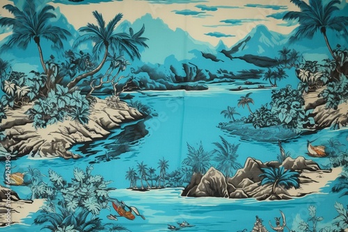 Blue recycled vintage Hawaiian fabric with seamless tropical island scenes design. Generative AI photo
