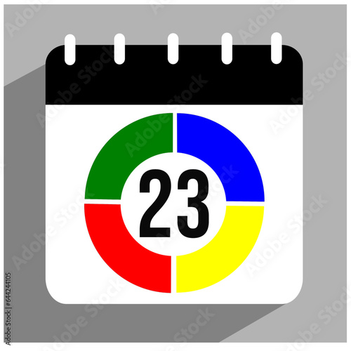 Flat icon calendar isolated. Vector illustration. Date 23 inside a colored arc.