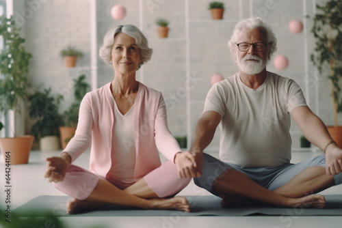 The senior couple is doing fitness yoga training at home. Doing yoga together. Healthy active lifestyle on retirement and sport concept