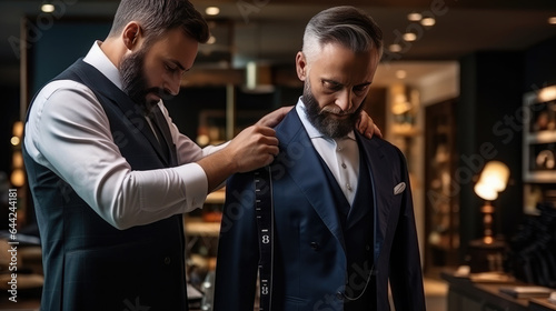 Generative AI, a tailor in an expensive suit sews a jacket to order for a client, an elite sewing workshop, a luxury clothing store, a businessman at work, a man takes measurements, fabric, salon