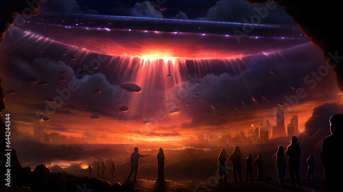 Ufo in the night sky, triangular unidentified flying object at night