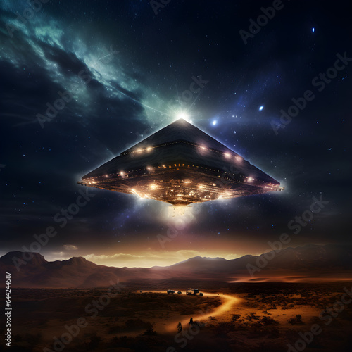 Ufo in the night sky, triangular unidentified flying object at night