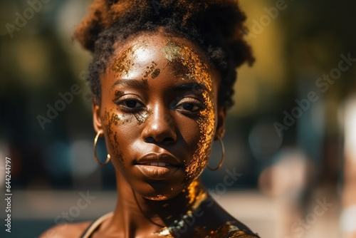 young adult woman, dark tanned skin color or black people, african american or african or south american, gold make-up, golden glittering make-up