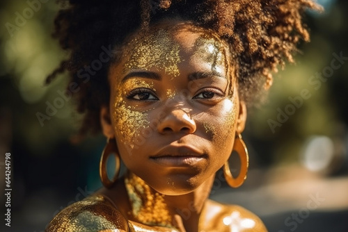 young adult woman, dark tanned skin color or black people, african american or african or south american, gold make-up, golden glittering make-up