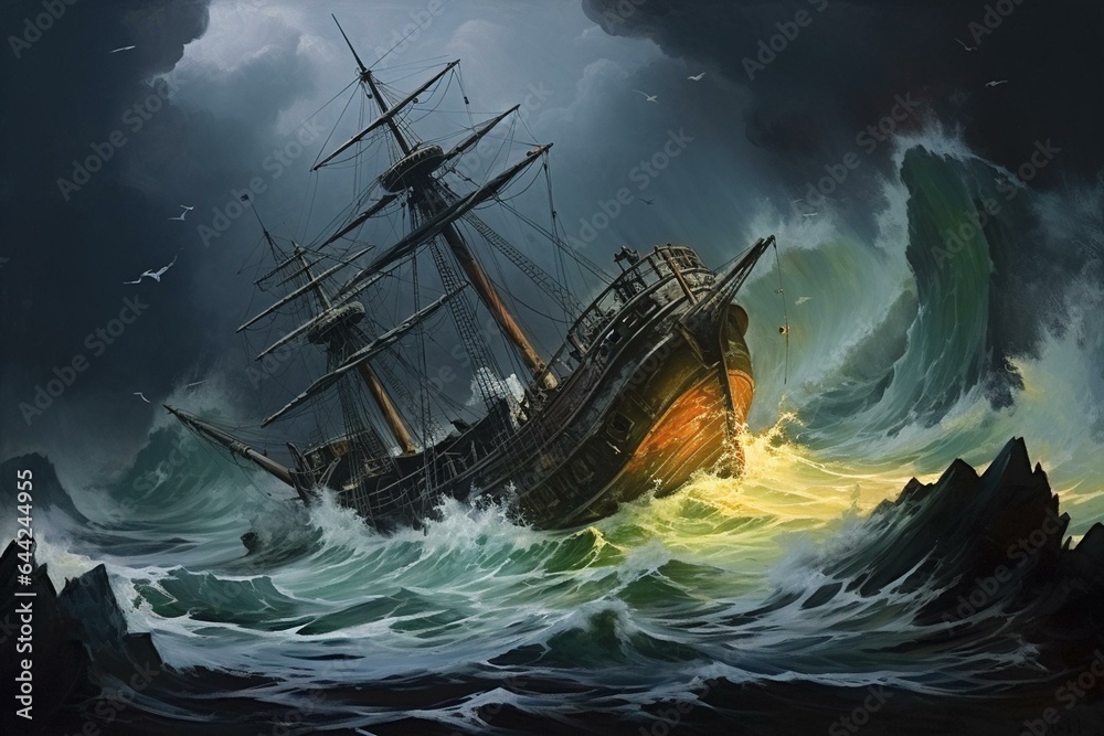A stunning oil painting capturing the dramatic shipwreck amidst a tumultuous sea. Generative AI