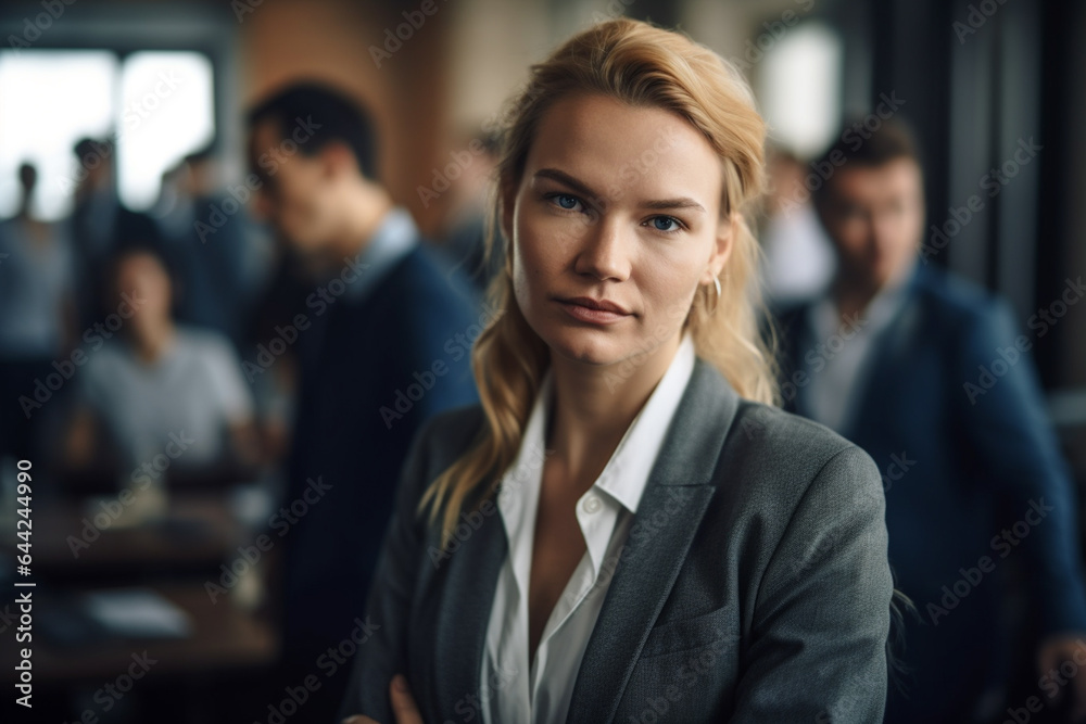in the office or restaurant or meeting, a young adult woman, 20s 30s, blonde, wearing business suit and shirt, in a hall or library or canteen or office building in the office or restaurant or meeting, a young adult woman, 20s 30s, blonde, wearing business suit and shirt, in a hall or library or canteen or office building