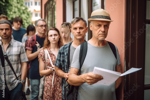 people in queue, bureaucracy or application or migration or refugees or social benefits for poverty or registration, old building, standing and waiting 