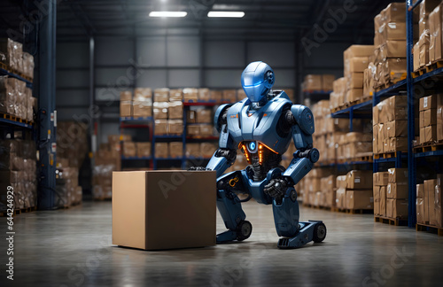 Robot humanoid working in warehouse concept background, robotic industrial banner with copy space text 