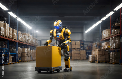 Robot humanoid working in warehouse concept background, robotic industrial banner with copy space text 
