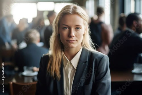 in the office or restaurant or meeting, a young adult woman, 20s 30s, blonde, wearing business suit and shirt, in a hall or library or canteen or office building