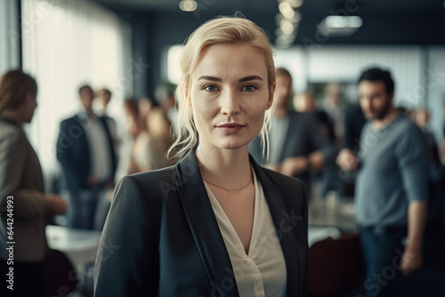 a young adult woman, 20s 30s, blonde, wearing business suit and shirt, in a hall or library or canteen or office building, at a table with wooden chairs ,some other people in groups