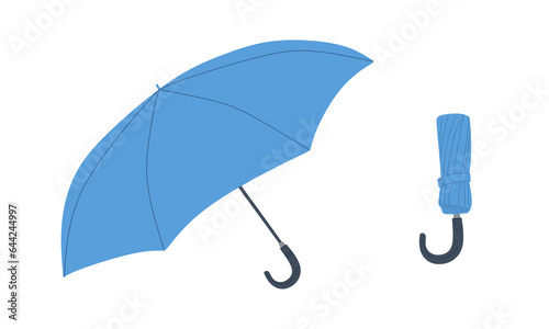 Blue umbrella in two positions. Open and closed umbrellas in flat style isolated on white background. Cyan umbrella vector illustration. Protective accessories with handles. Vector