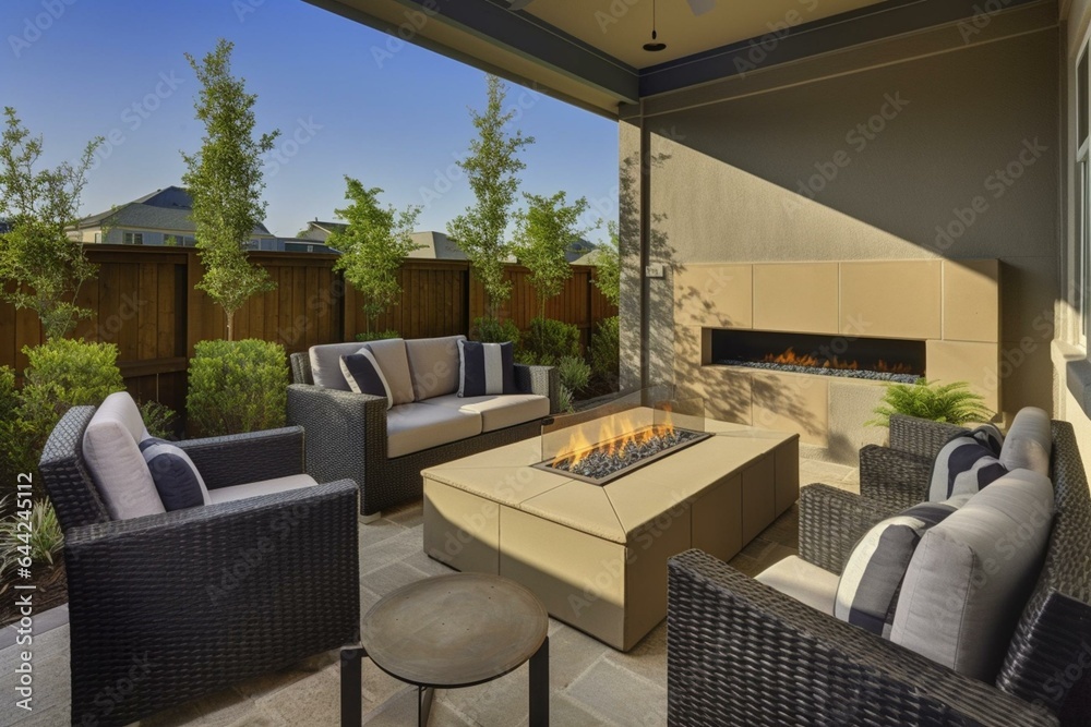 Outdoor seating area with a warm fireplace, perfect for a cozy ambiance. Generative AI Outdoor seating area with a warm fireplace, perfect for a cozy ambiance. Generative AI