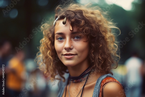 woman wearing headband, caucasian, preteen teenager, girl, or young adult woman, nose piercing, necklace, hippie style or alternative or vintage