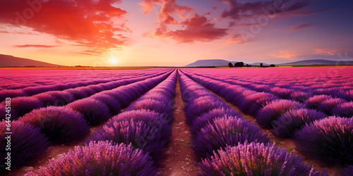 Lavender fields. Beautiful image of lavender field. Summer sunset landscape  contrasting colors. Dark clouds  dramatic sunset. Generative AI