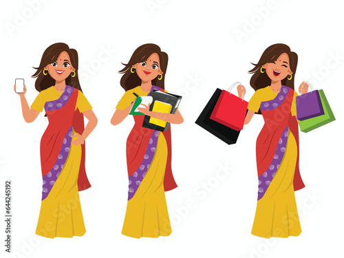 Portrait Young indian woman wearing saree. Business woman cartoon character design. Various poses, gestures and everyday activities.