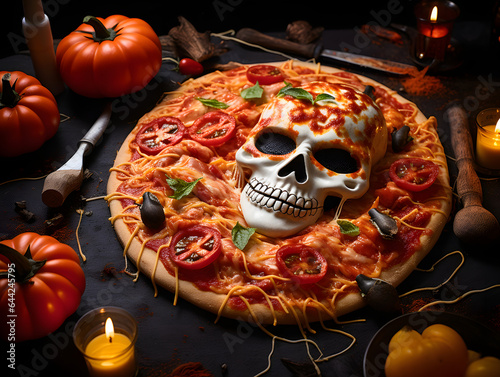 Halloween themed tasty pizza with decorations photo