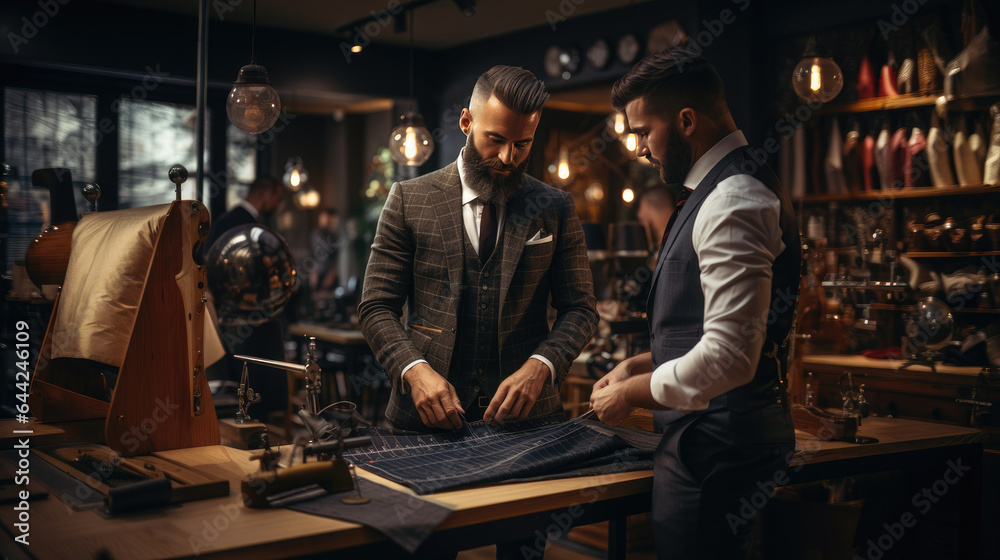 Generative AI, a tailor in an expensive suit sews a jacket to order for a client, an elite sewing workshop, a luxury clothing store, a businessman at work, a man takes measurements, fabric, salon