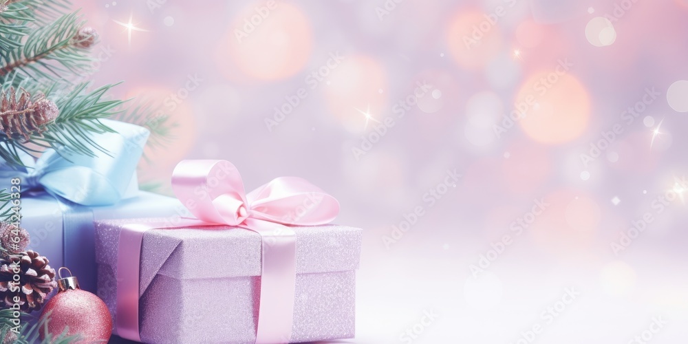 Festive decorated Christmas tree with gifts box. Merry Christmas and Happy new year. Holiday background soft pastel colors with gift surprise under the xmas tree Festive decorated Christmas tree with gifts box. Merry Christmas and Happy new year. Holiday background soft pastel colors with gift surprise under the xmas tree