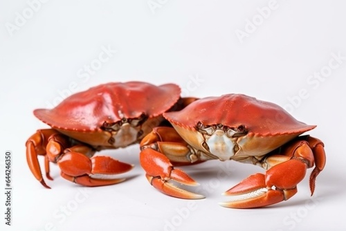 Boiled mud crab and steamed red crab on plain background. Seafood isolated on white. Generative AI