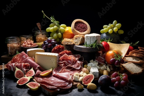 Assorted cured meats and cheeses displayed on a black background. Generative AI
