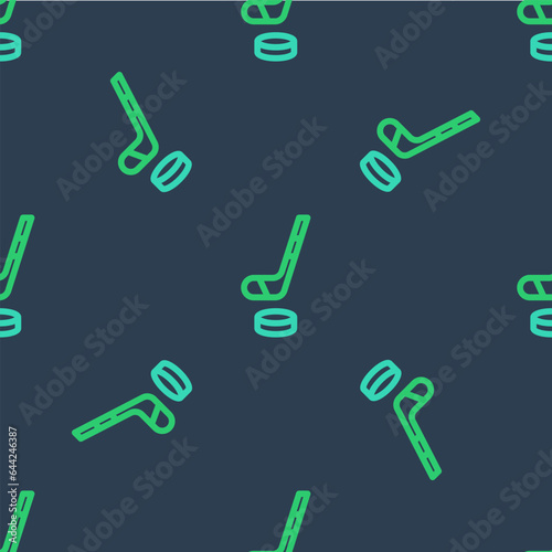 Line Ice hockey stick and puck icon isolated seamless pattern on blue background. Vector