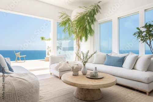 Spacious, upscale ocean-view living room flooded with natural light, minimal decor perfect for summer/spring vibes. Generative AI