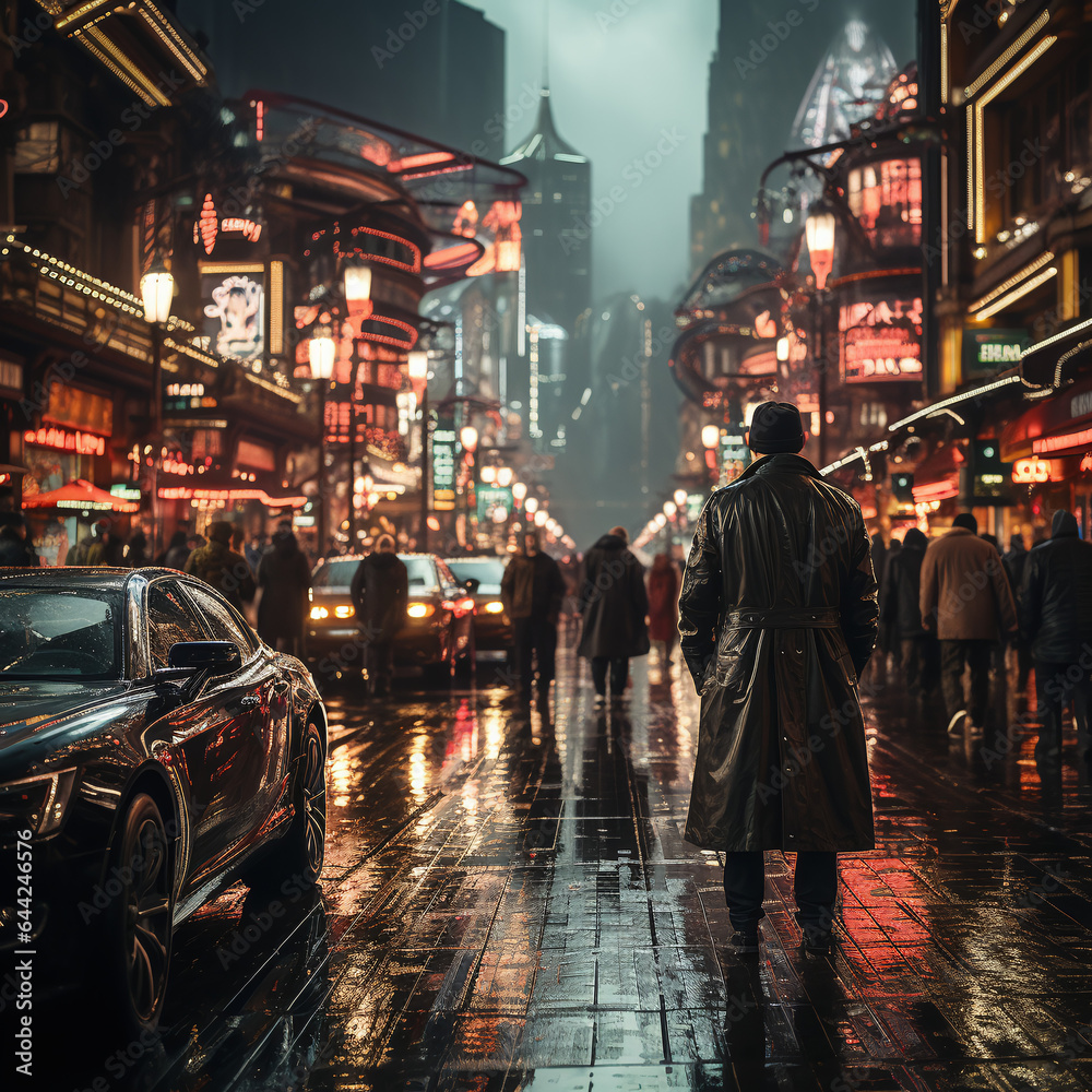 A Man Standing in City at Night Cinematic Style Digital Art