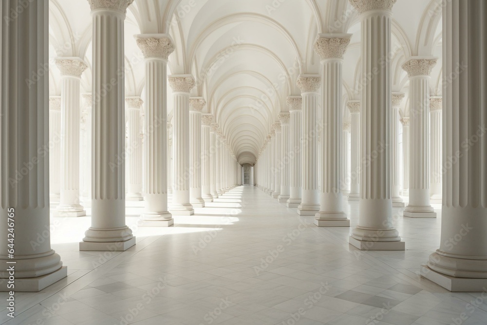 An architectural hall with rows of columns. Generative AI