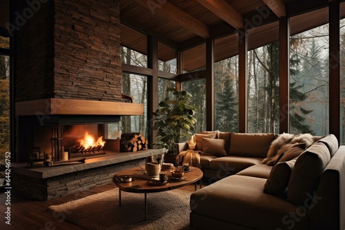 Warm living space with fireplace, sofa, armchair, table, and scenic view of the woods. Generative AI © Raven
