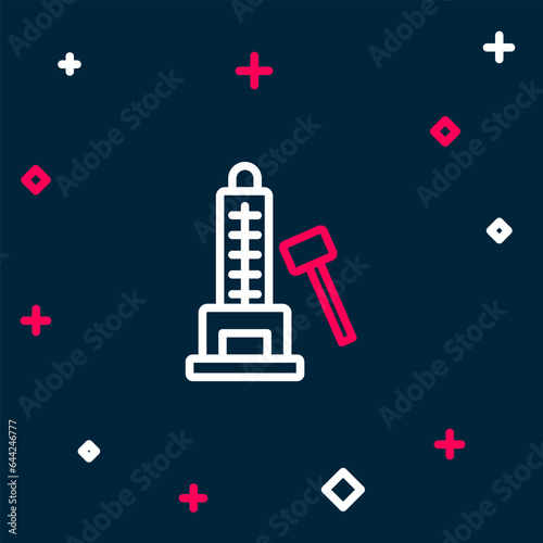 Line High striker attraction with big hammer icon isolated on blue background. Attraction for measuring strength. Amusement park. Colorful outline concept. Vector
