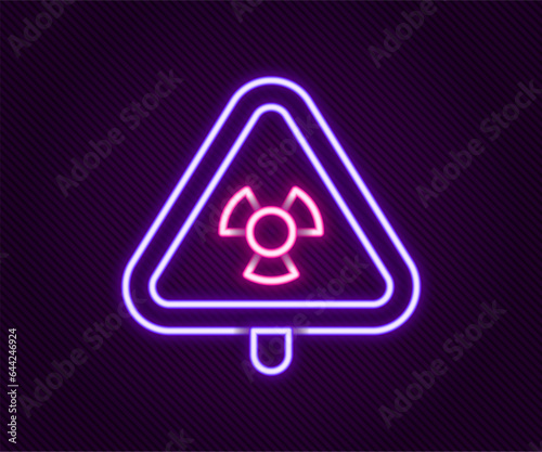 Glowing neon line Triangle sign with radiation symbol icon isolated on black background. Colorful outline concept. Vector