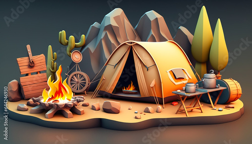 Camping 3D - Experience the joy of camping and hiking with this group of happy trekkers ai generated photo