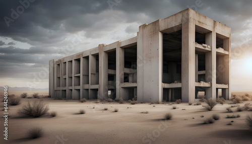 abandoned ruined concrete industrial brutalist building in desert landscape