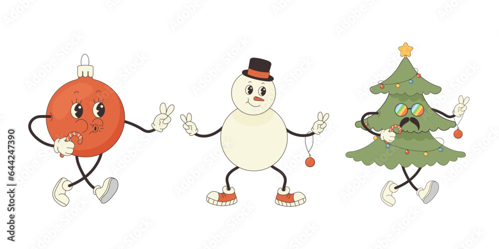 Artboard groovy characters set snowman, balloon, hippie Christmas tree. Retro style Artboard groovy characters set snowman, balloon, hippie Christmas tree. Retro style