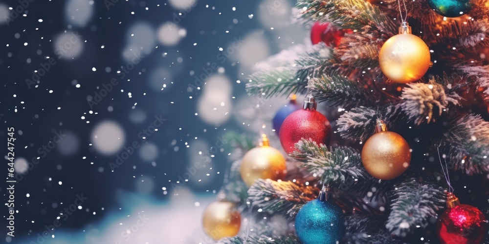 Decorated Christmas tree. Merry Christmas and Happy New Year. Festive bright beautiful background. Decorated Christmas tree on blurred background. de-focused lights, gold bokeh Decorated Christmas tree. Merry Christmas and Happy New Year. Festive bright beautiful background. Decorated Christmas tree on blurred background. de-focused lights, gold bokeh