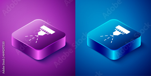 Isometric Fire sprinkler system icon isolated on blue and purple background. Sprinkler, fire extinguisher solid icon. Square button. Vector