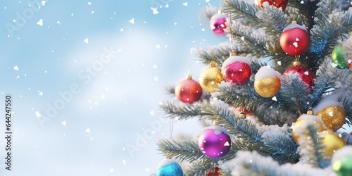 Decorated Christmas tree. Merry Christmas and Happy New Year. Festive bright beautiful background. Decorated Christmas tree on blurred background. de-focused lights, gold bokeh