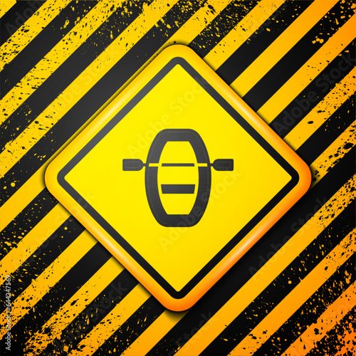 Black Boat with oars icon isolated on yellow background. Water sports, extreme sports, holiday, vacation, team building. Warning sign. Vector