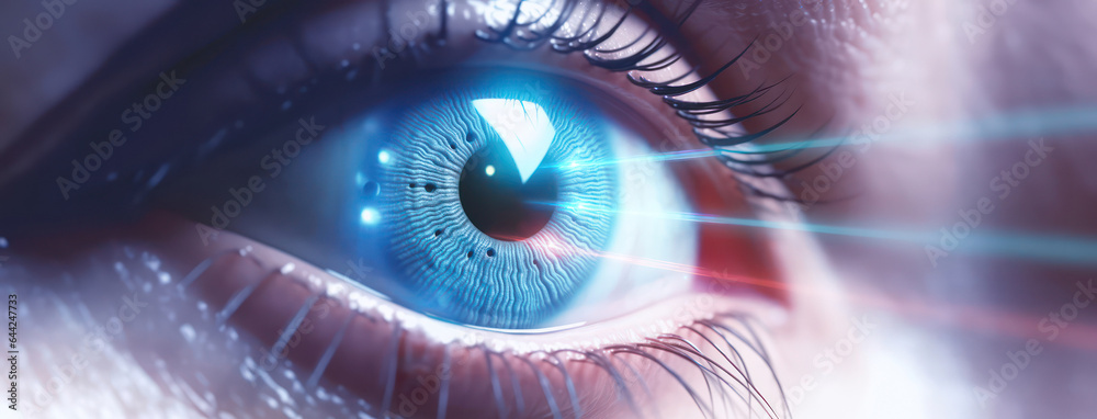 closeup of a human eye with Lasik vision laser correction procedure and beams going into the cornea as wide banner with copy space area closeup of a human eye with Lasik vision laser correction procedure and beams going into the cornea as wide banner with copy space area