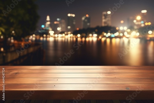 Blank table in cafe with blurred nighttime cityscape and river background. Ideal for product displays. Generative AI